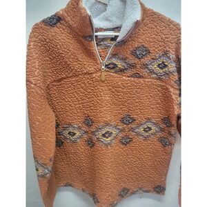 Warm & Cozy Lifestyle Southwest Aztec Sherpa Fleece Pullover Sweater Orange sz S